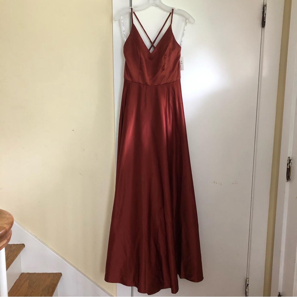 David’s Bridal // cinnamon spaghetti strap satin a-line bridesmaid dress